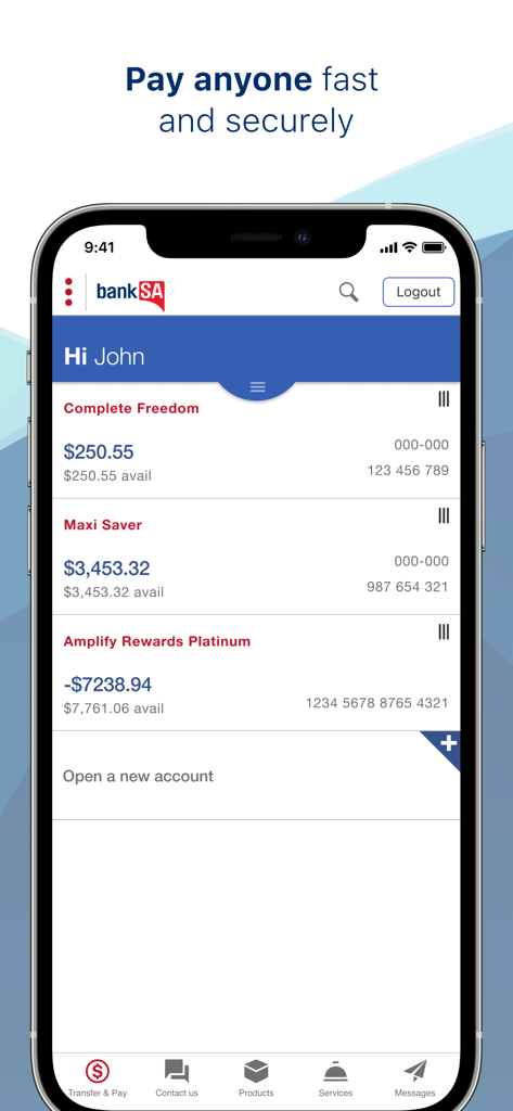 Panel de la aplicación de banca móvil BankSA en iPhone que muestra saldos de cuentas y herramientas bancarias cotidianas.