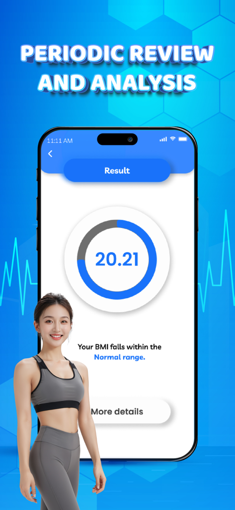 Ein Smartphone, das ein BMI-Ergebnis von 20,21 im Normalbereich in der Weight Watchers Waage App anzeigt.