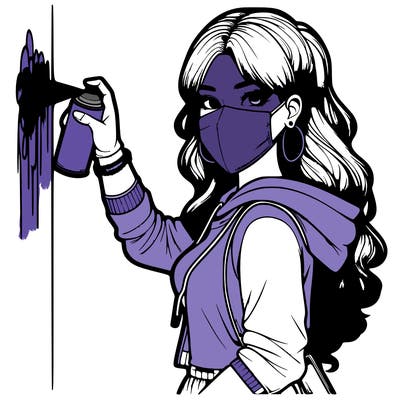 realistic girl with mask spray painting a wall