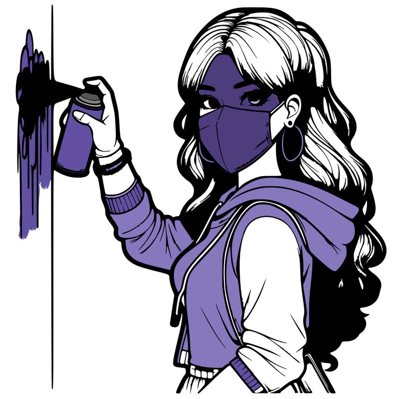 realistic girl with mask spray painting a wall