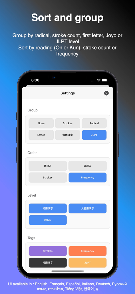 Kanji, Kana - Settings screen of the Kanji Kana app showing options to sort and group Japanese characters by JLPT level and stroke count.