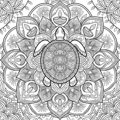 Discover the serenity of a turtle gracefully intertwined with a beautiful mandala, celebrating the vibrant spirit of Diwali. This intricate coloring page offers a unique blend of nature and festivity, perfect for creative relaxation.
