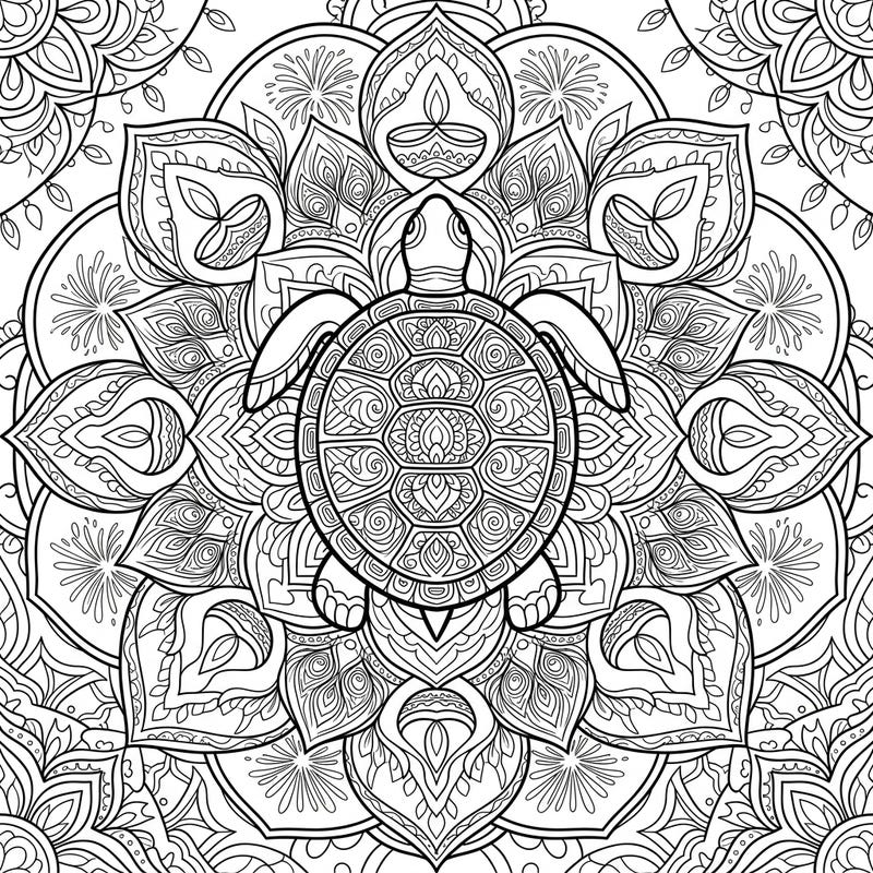 Discover the serenity of a turtle gracefully intertwined with a beautiful mandala, celebrating the vibrant spirit of Diwali. This intricate coloring page offers a unique blend of nature and festivity, perfect for creative relaxation.