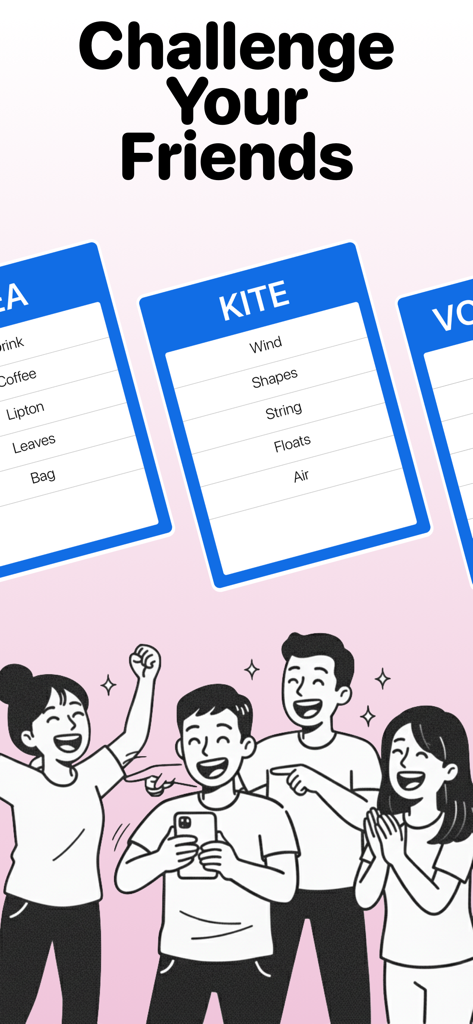 Off Limits Word Guessing Party - Una ilustración de amigos riendo y jugando juntos al juego de adivinanzas de palabras Off Limits