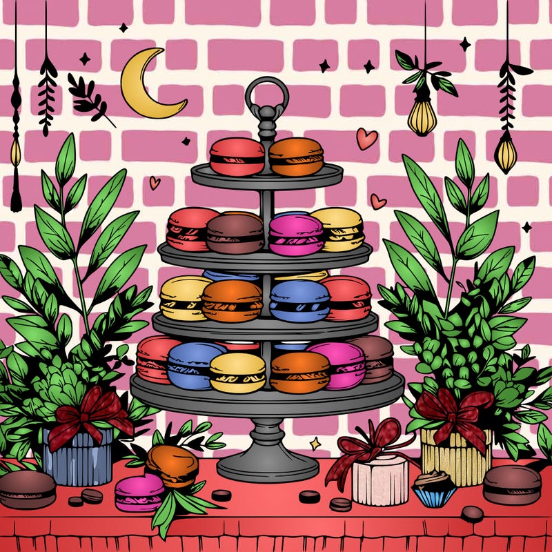 macaron display on a beautiful elegant table with eucalyptus leaves around it and small trinkets