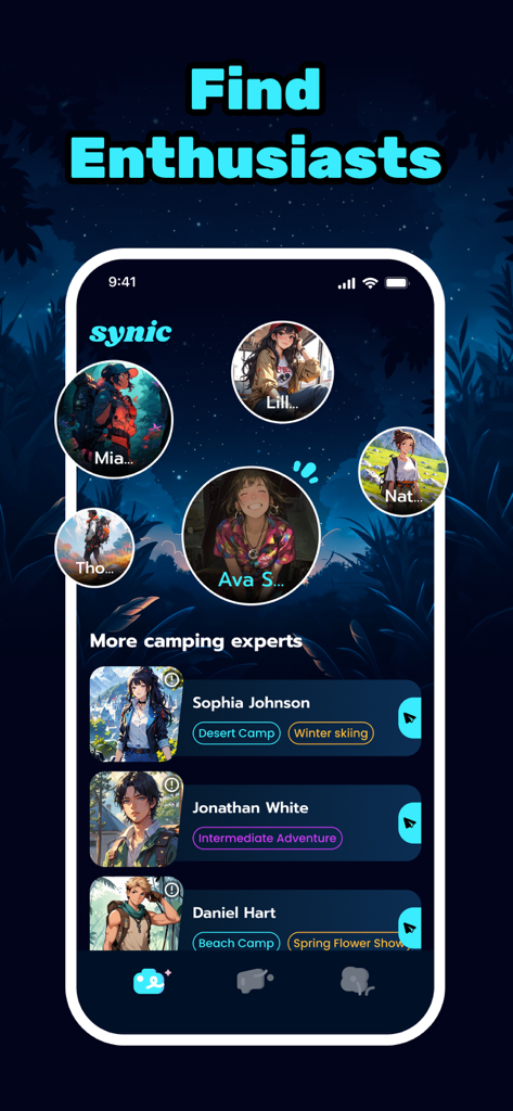 Synic: Video Chat & Call Fun - Mobile app interface showing AI camping expert profiles for video chat and companionship