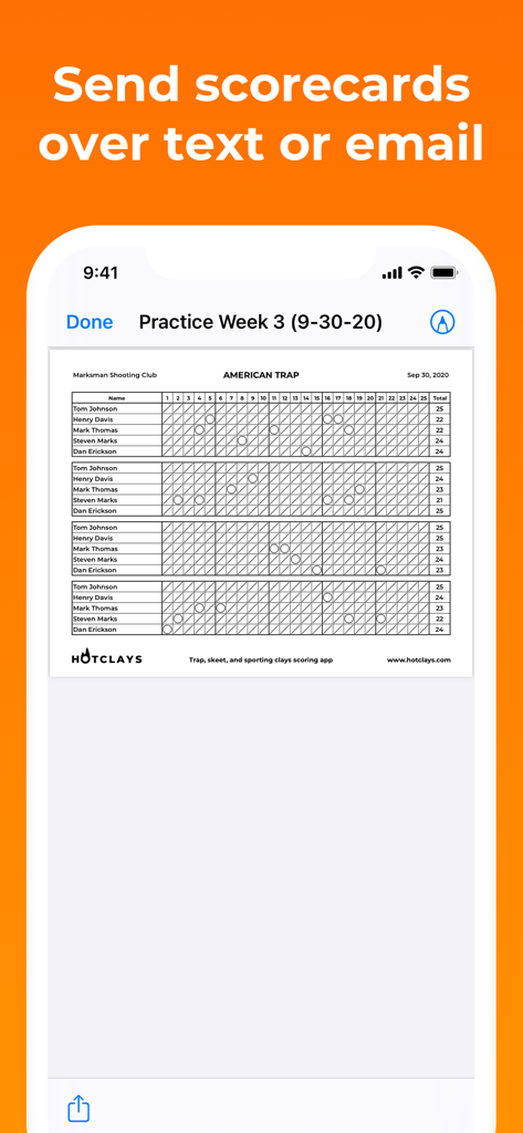 HotClays Trap Skeet & Sporting - Digital American Trap scorecard for tracking and sharing scores in the HotClays app