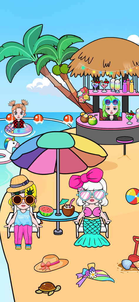 DIY Paper Doll: Sweet Dress Up - Muñecas de papel a la moda relajándose en una playa con atuendos coloridos y un bar tiki