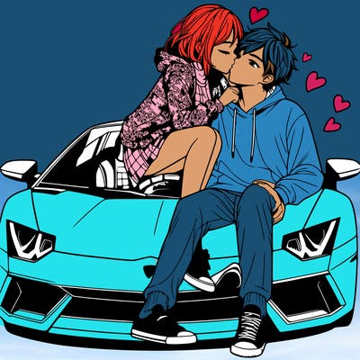 a girl kissing a man sitting on a lambo