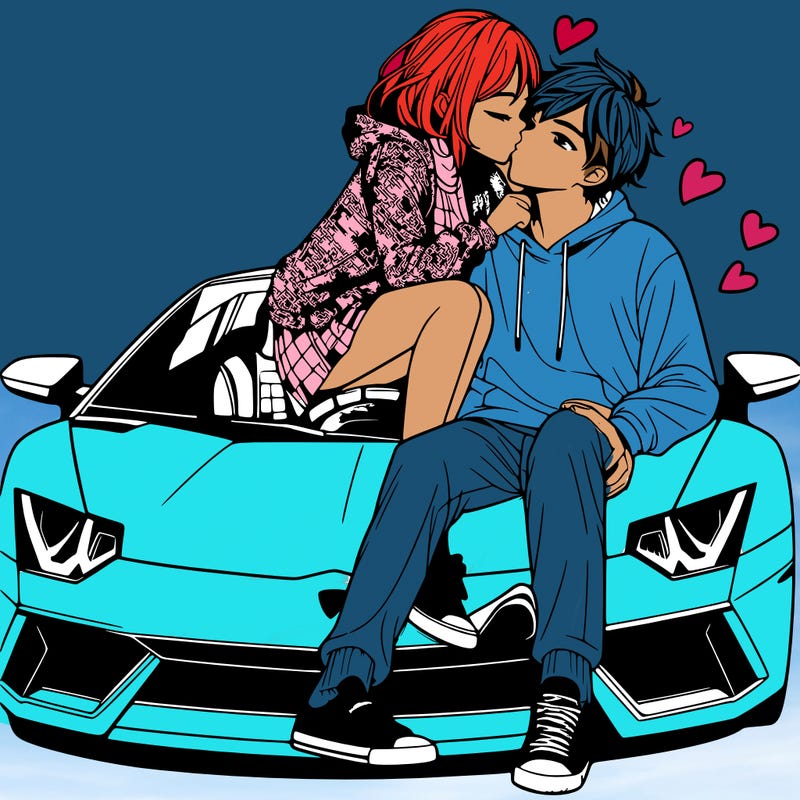 a girl kissing a man sitting on a lambo