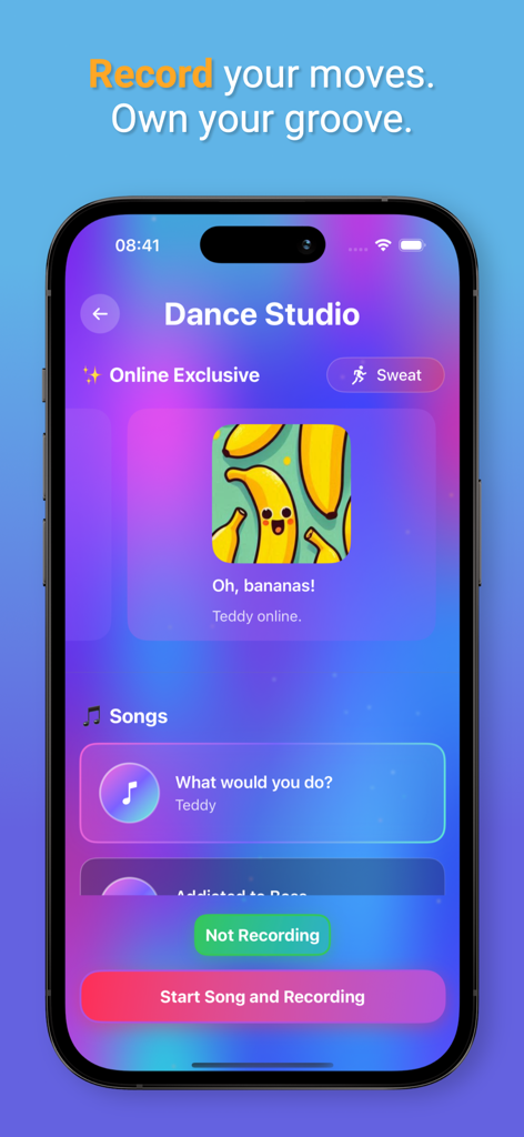 Handy Dance - Tela do Estúdio de Dança do aplicativo Handy Dance com seleção de música e botão para iniciar gravação