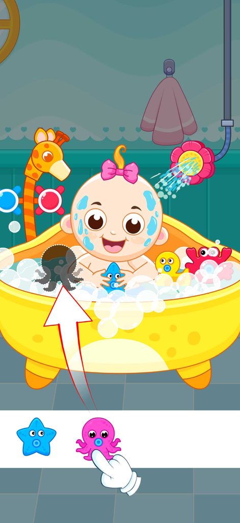 Take Care of a Baby Doll Games - A cartoon baby doll having a bubble bath with a rubber duck and octopus toy in a yellow bathtub