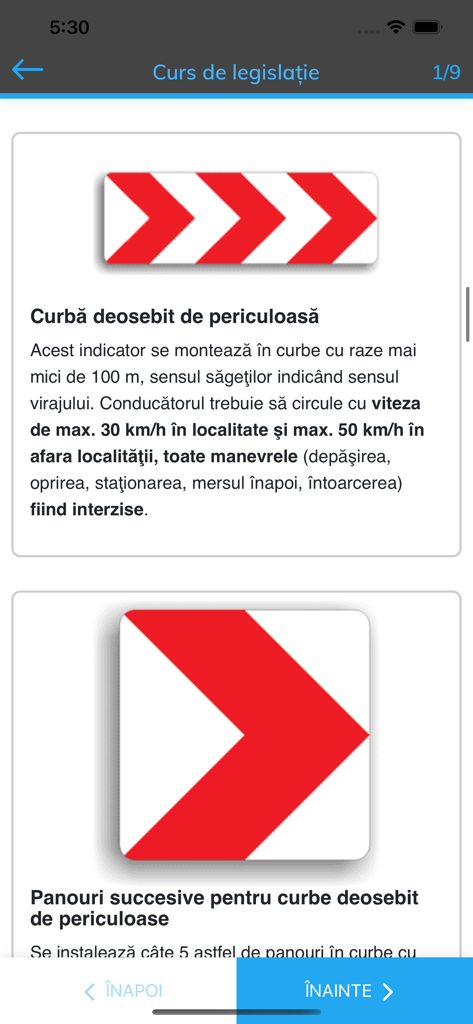 Road legislation course showing dangerous curve signs in the SoferOnline app.