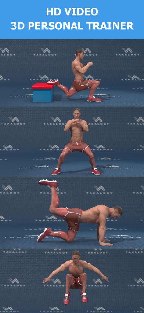 3D personal trainer demonstrating various leg exercises for home workouts