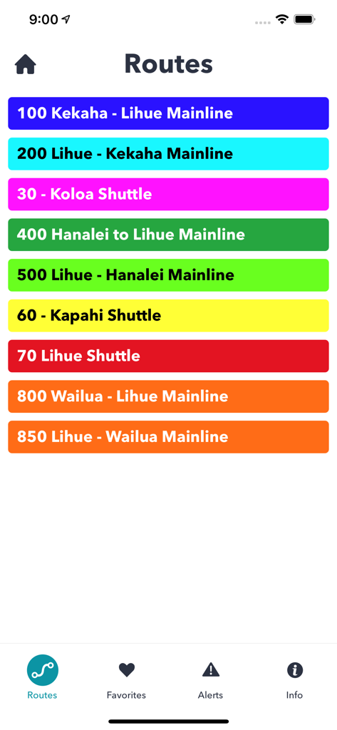 The Kauai Bus Tracker - A screen in the Kauai Bus Tracker app showing a list of colorful buttons for different bus routes including Lihue Hanalei and Kekaha mainlines