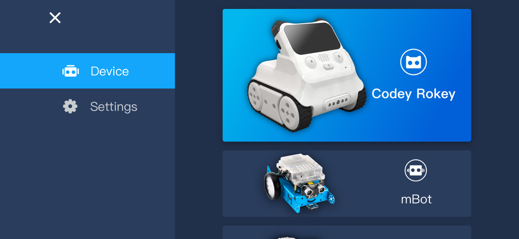 Makeblockアプリのロボット選択画面。Codey RockyとmBotが表示されています。