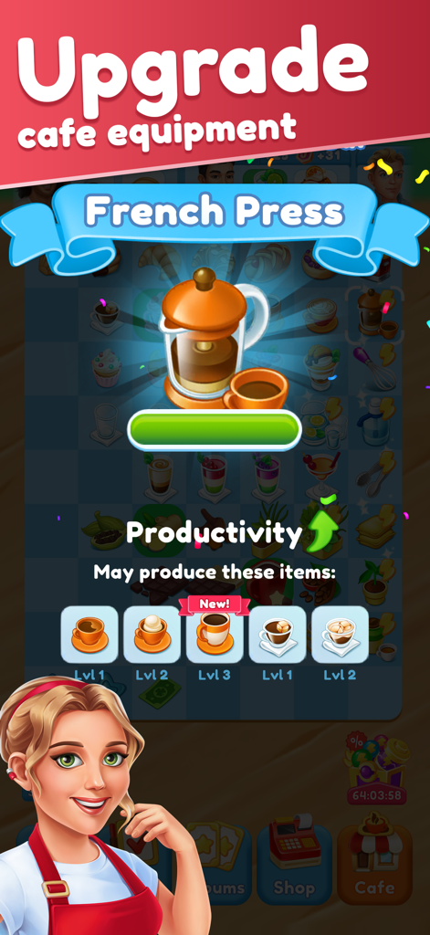 Joy Cafe: Tasty Merge Game - Joy Cafe game screen showing a French Press equipment upgrade with a productivity boost and new coffee items