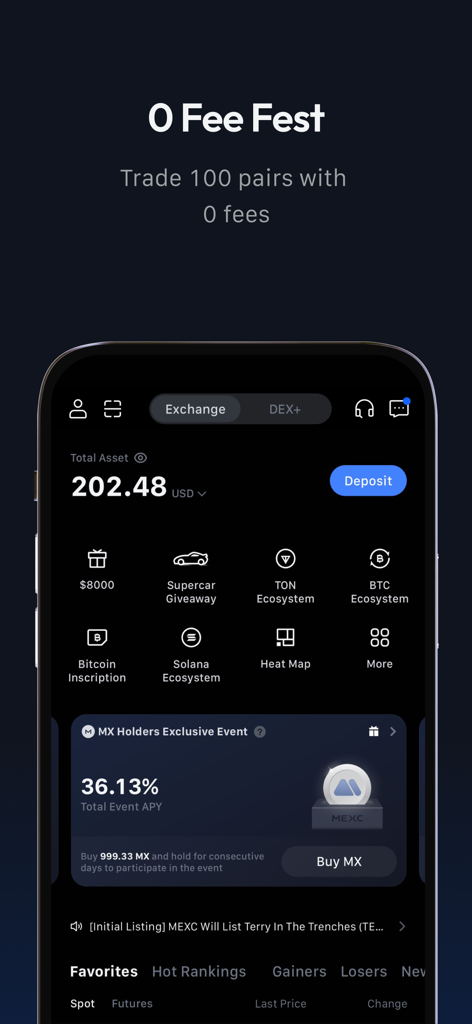 Interface do aplicativo móvel MEXC exibindo recursos de negociação de criptomoedas e promoção de taxa zero