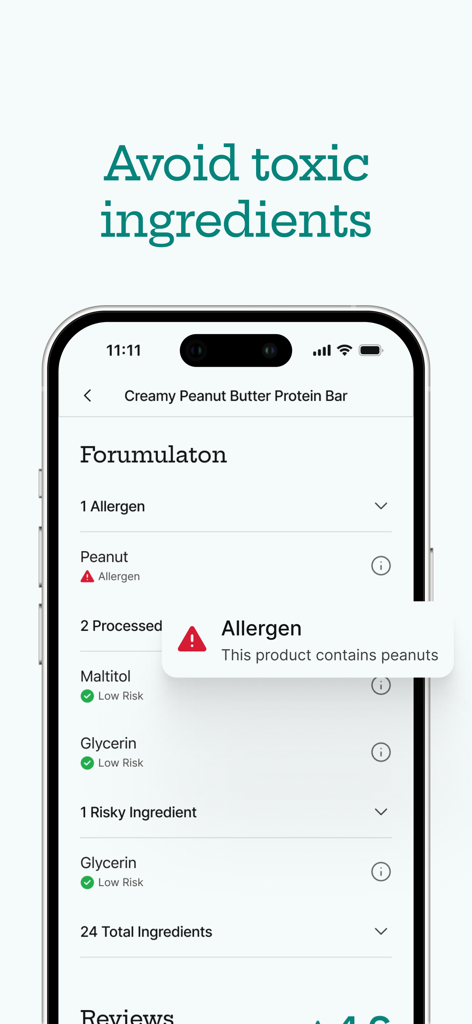 Nori - Scan your food - Nori app screen showing food formulation details including allergens and risky ingredient alerts for a protein bar