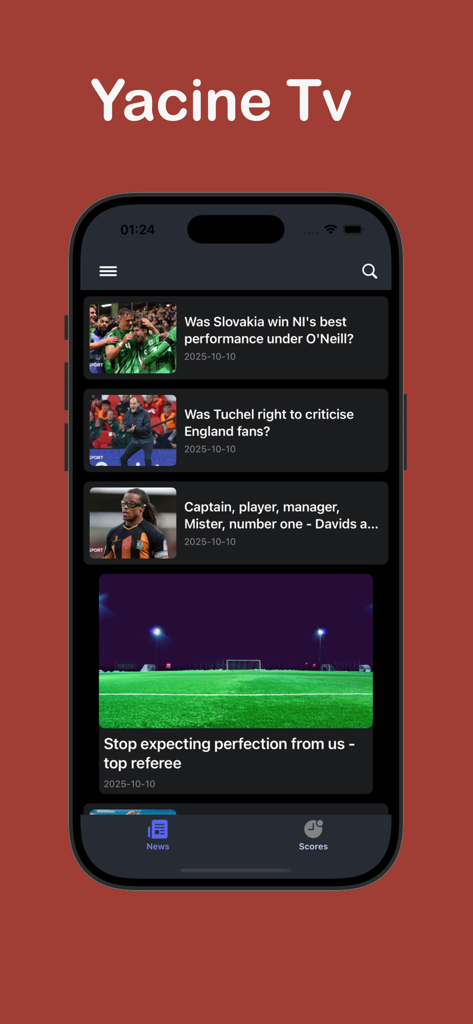 Flux d'actualités de football sur l'application Yacine TV montrant divers titres de soccer.