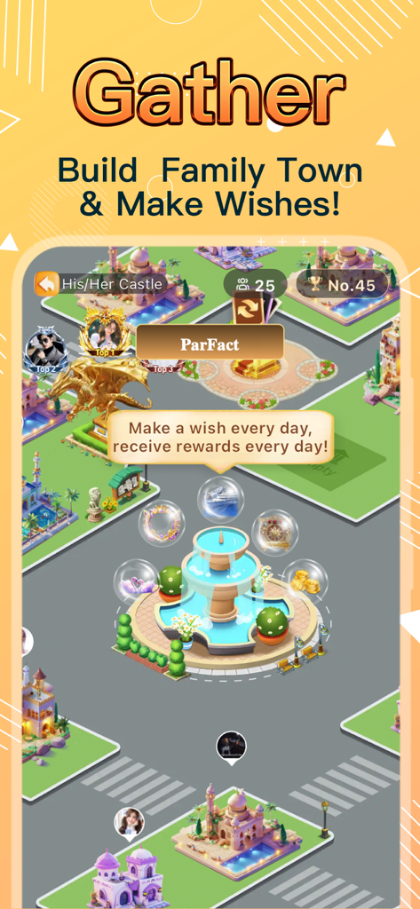 A screenshot of the Haza app Gather feature showing a virtual town map with a fountain for daily rewards.