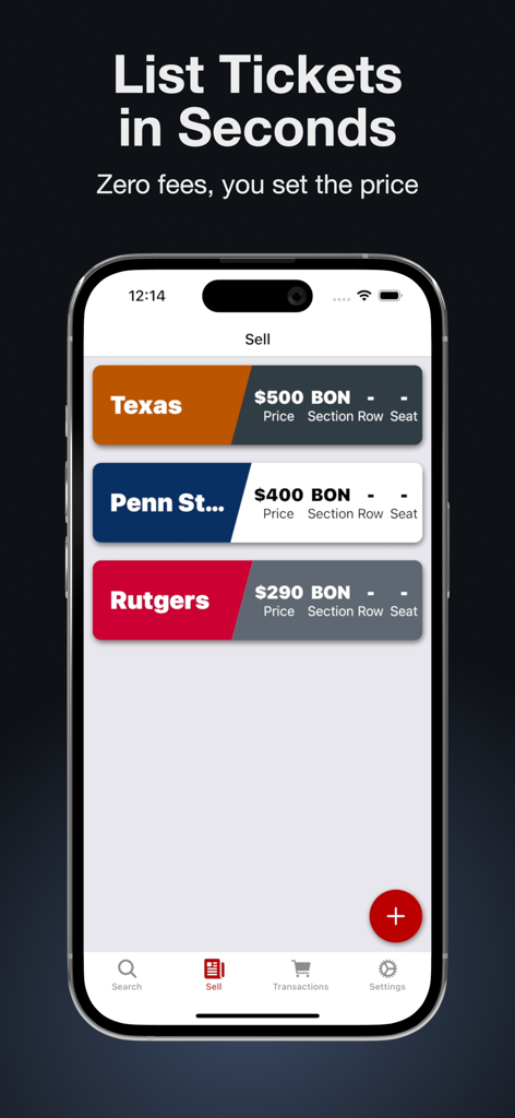 Oberfläche der TicketBay-App, die Optionen zum Auflisten und Verkaufen von Ohio State Football-Tickets ohne Gebühren anzeigt