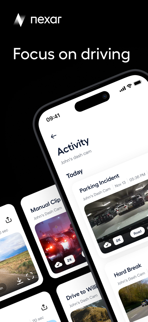 Nexar Connect - Nexar Connect app activity screen showing dash cam recordings of parking incidents and driving clips