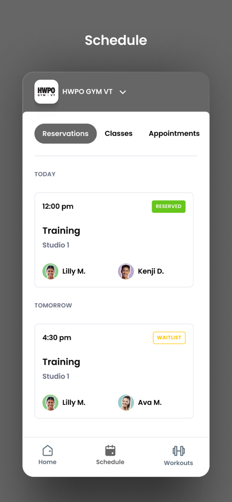 Interface of the HWPO GYM VT app showing a schedule of reserved and waitlisted training classes.