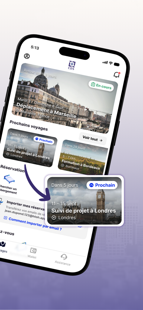 Smartphone screen displaying the CDS App dashboard with upcoming corporate travel itineraries and project trips