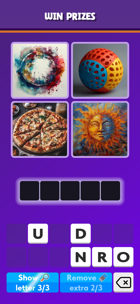 4 Pics 1 Word - Guess Picture - Four Pics One Word mobile game interface showing a word puzzle with four round images and letter tiles