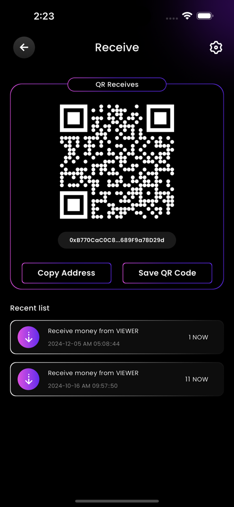 mobiNODE - Tela de recebimento do aplicativo mobiNODE exibindo um código QR da carteira e histórico de transações