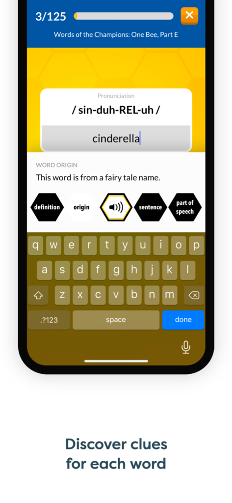 Word Club app spelling interface showing the word Cinderella with pronunciation and word origin clues