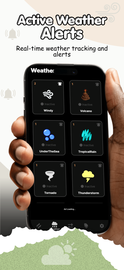 Grow A Garden : Codes & Stocks - Real-time weather tracking and alerts screen in the Grow A Garden companion app for Roblox.