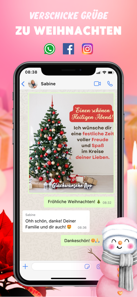 Congratulations Videos & Pics - A smartphone showing a festive Christmas greeting card with a tree and holiday message shared in a WhatsApp chat.