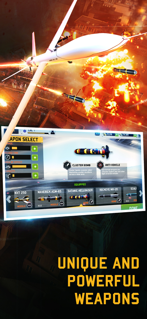 Drone : Shadow Strike 3 - Drone Shadow Strike 3 weapon selection menu showing powerful missiles and bombs