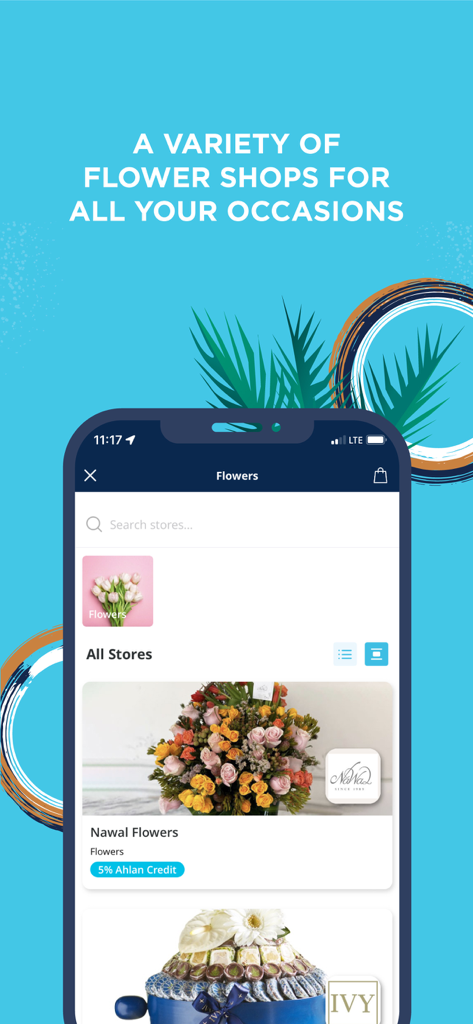 Ahlan Rewards - Smartphone interface showing a list of flower shops within the Ahlan Rewards app with reward options.