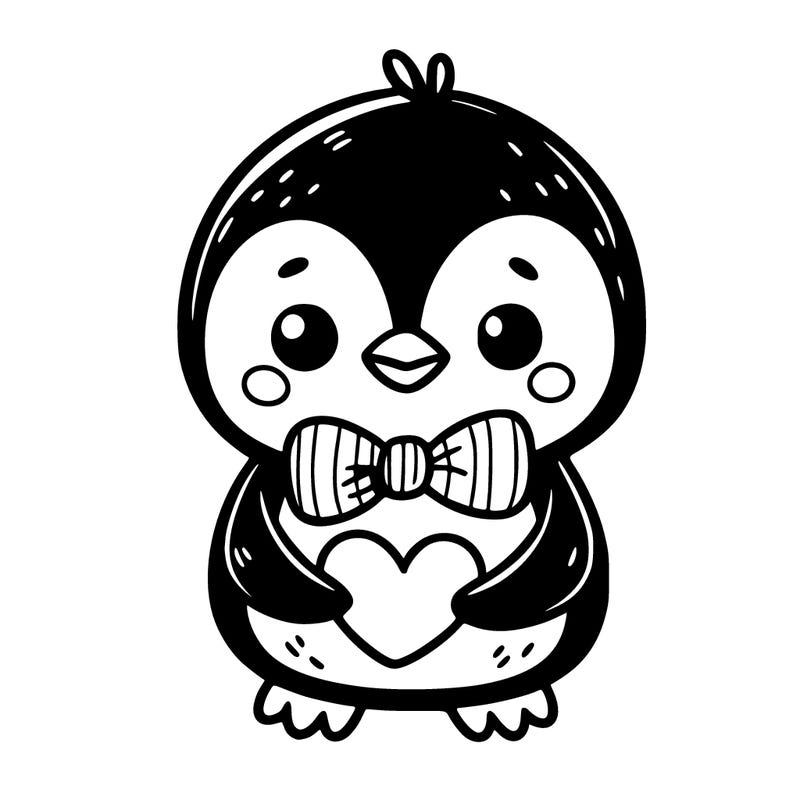 cute penguin with bow tie holding heart