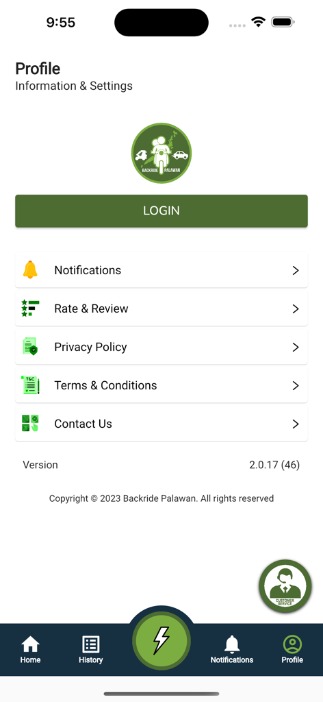 Pantalla de perfil y configuración de la aplicación móvil Backride Pinas con botón de inicio de sesión y opciones de menú