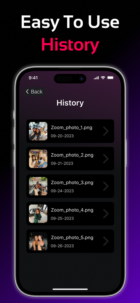 iPhone interface showing a history list of wide angle photos taken with the Camera 0.5 app.