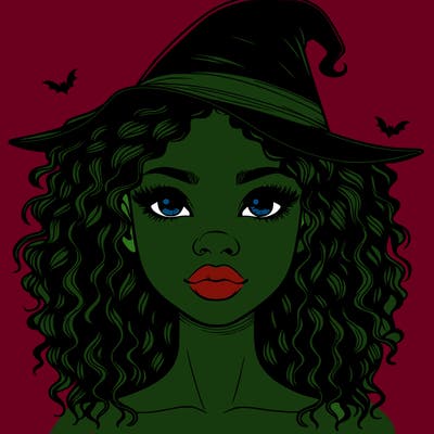 realistic black girl with wavy hair and witch hat and nose and lips