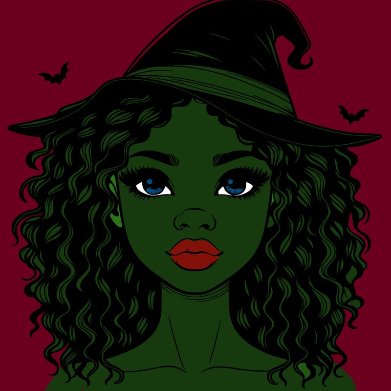 realistic black girl with wavy hair and witch hat and nose and lips