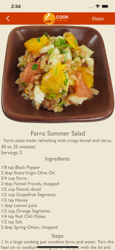 Cook With Me - Farro Summer Salad recipe screen with ingredients and prep time in the Cook With Me app