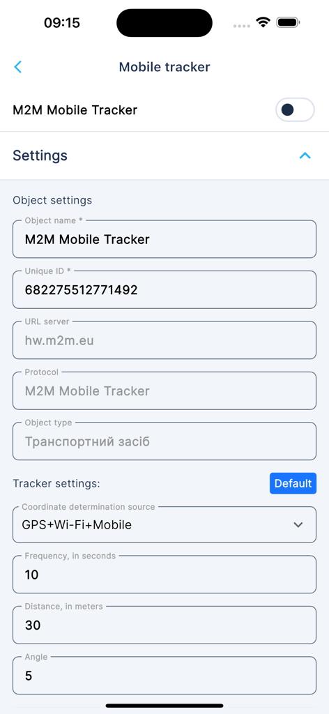 Mobile tracker settings interface in the M2M App for professional asset tracking