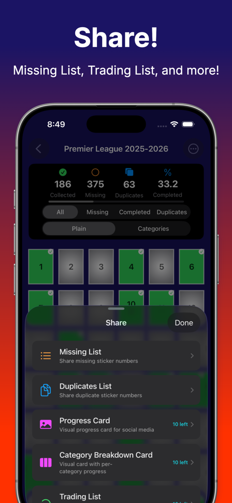 Sticker Collector 26 - Interfaz de la aplicación que muestra opciones para compartir listas de cromos faltantes, listas de duplicados y tarjetas de progreso para colecciones de cromos