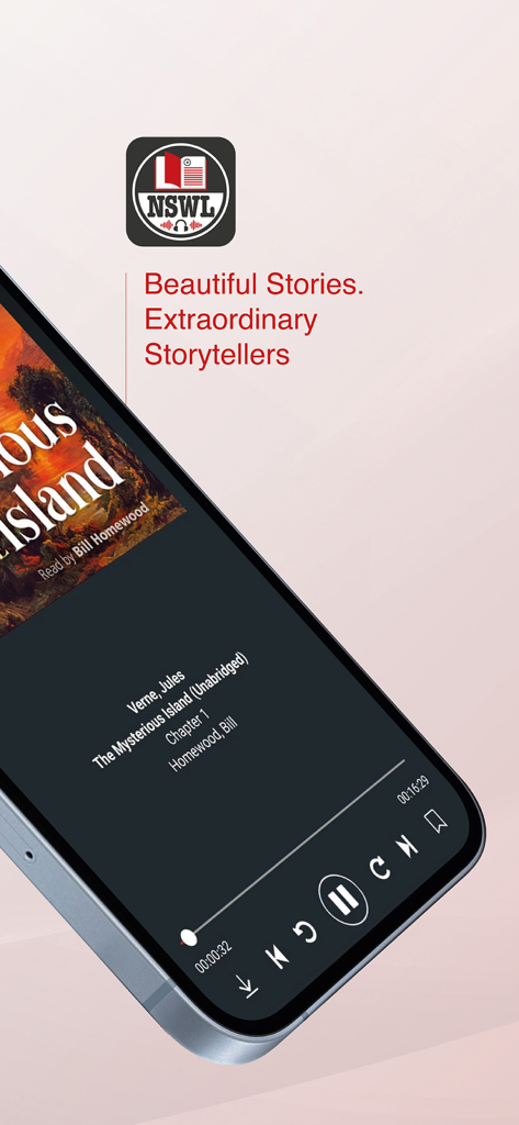 Interfaz de la aplicación NSWL mostrando la pantalla de reproducción del audiolibro La Isla Misteriosa de Julio Verne.