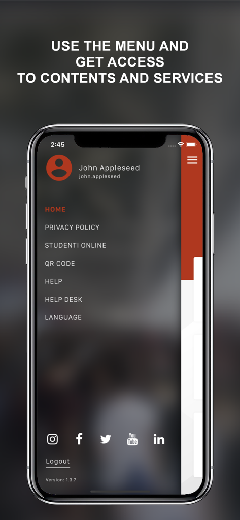 El menú de navegación de la aplicación myUniBo que muestra servicios para estudiantes como Studenti Online y el Servicio de Ayuda.