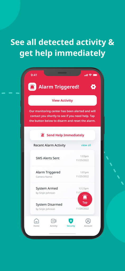 YI Home - YI Home app screen showing an alarm triggered notification and emergency help options