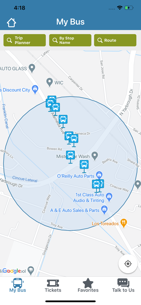Ride Sun Metro - A map in the Ride Sun Metro app showing nearby bus stops in El Paso.