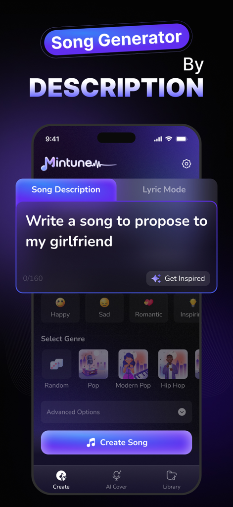 Mintunes: AI Music Generator - Mintunes app interface showing a text prompt to generate a song by description with genre selection options.