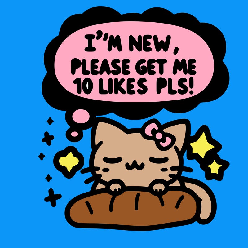 kitty taking a nap dream talking and saying "i'm new, please get me at least 10 likes pls!!"